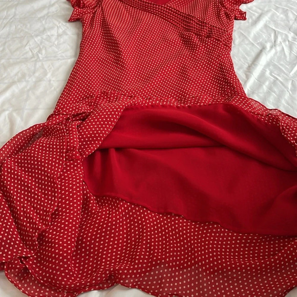 Adrianna Papell Silk Polka Dot Asymmetrical Hem Dress in Red & Cream Siz… - Picture 7 of 12